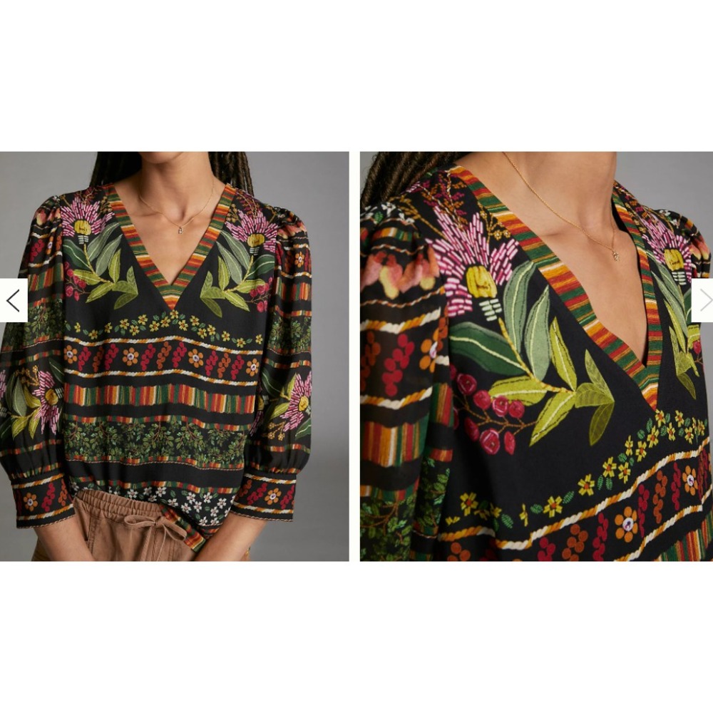 Anthropologie FARM Rio Teresita Black Blouse Chiffon Floral Puff Sleeve XSP XS P